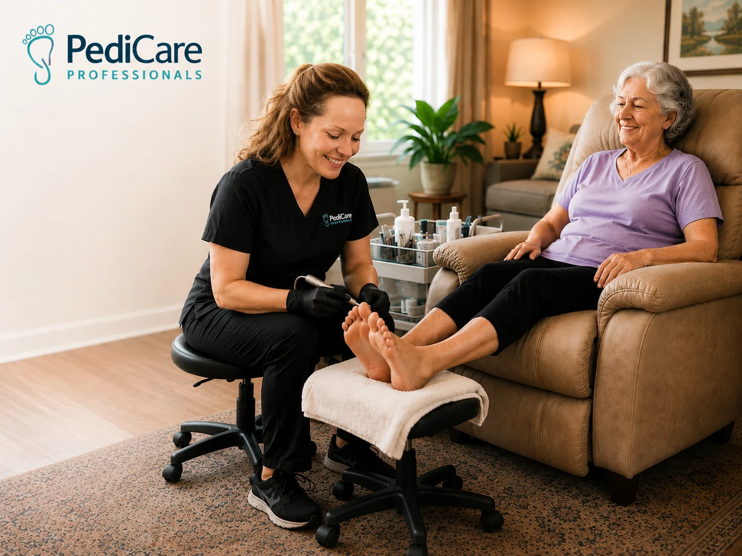 Professional in-home medical pedicure service in a client's living room